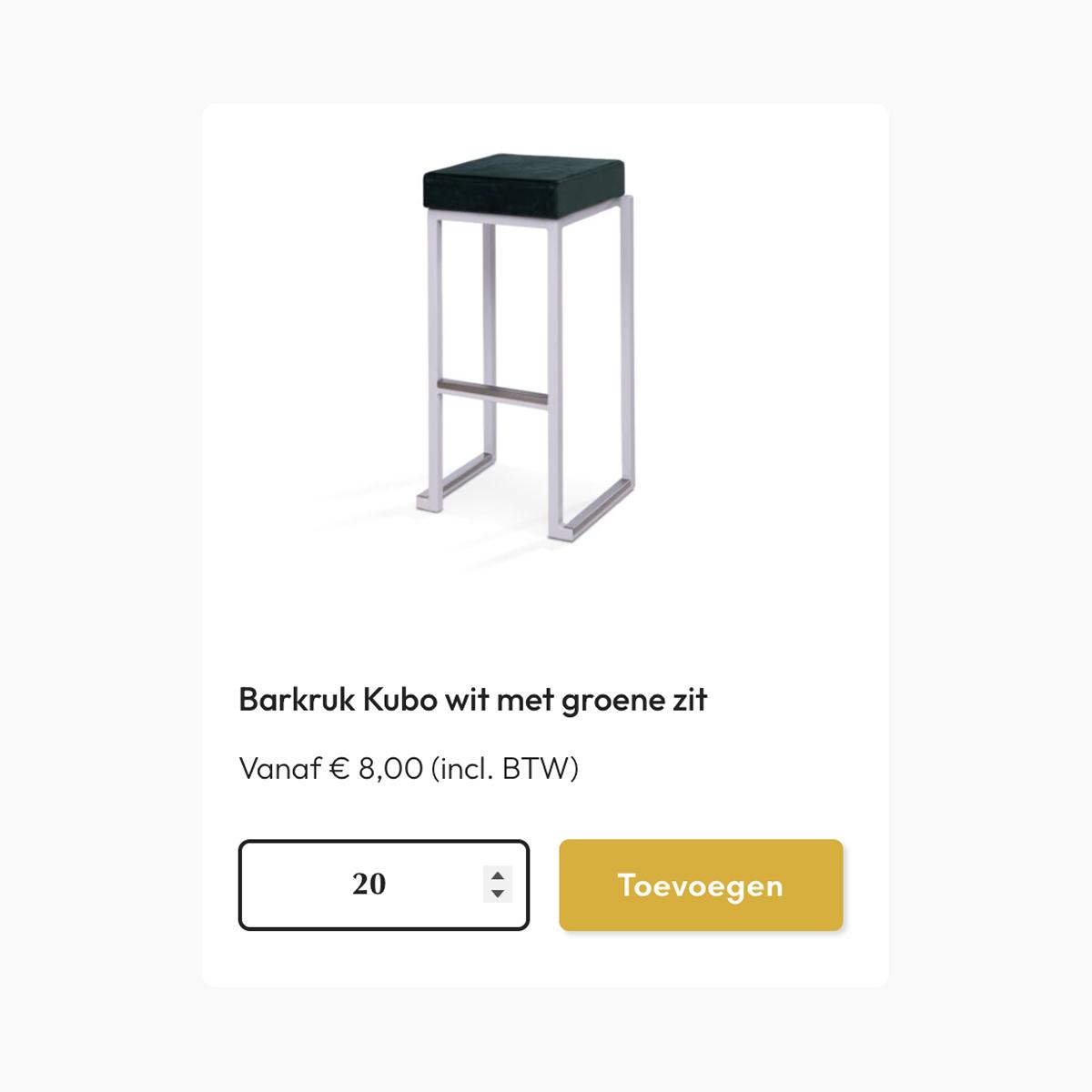 Een productkaart met een aantal en een knop om toe te voegen