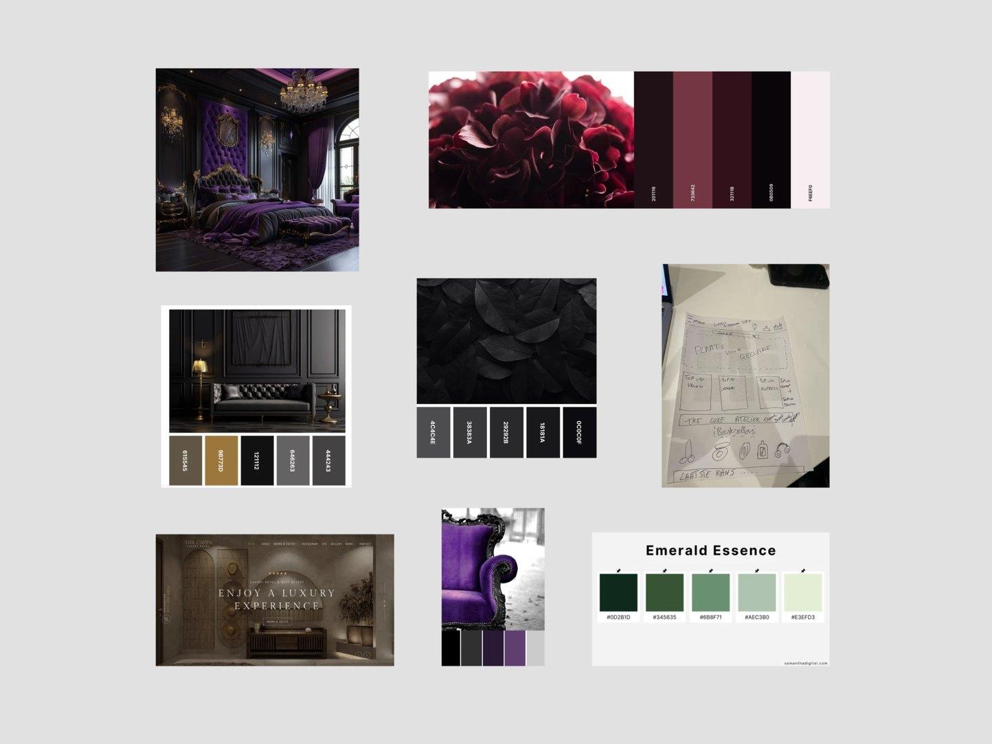 Het moodboard van de klant met interieurs, kleurpaletten en een schets van de webshop