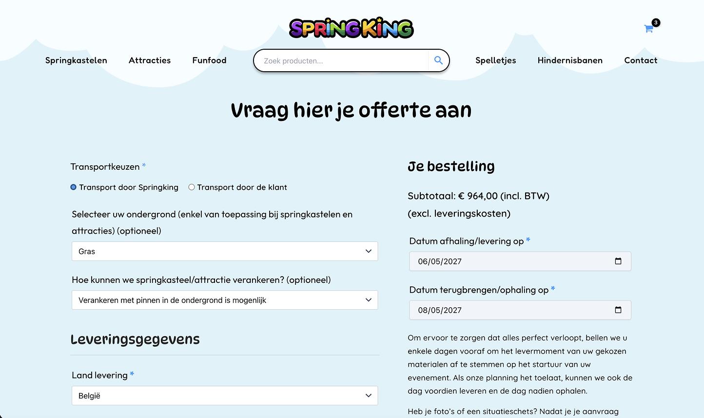 Het offerteformulier met vragen over de locatie en de levering