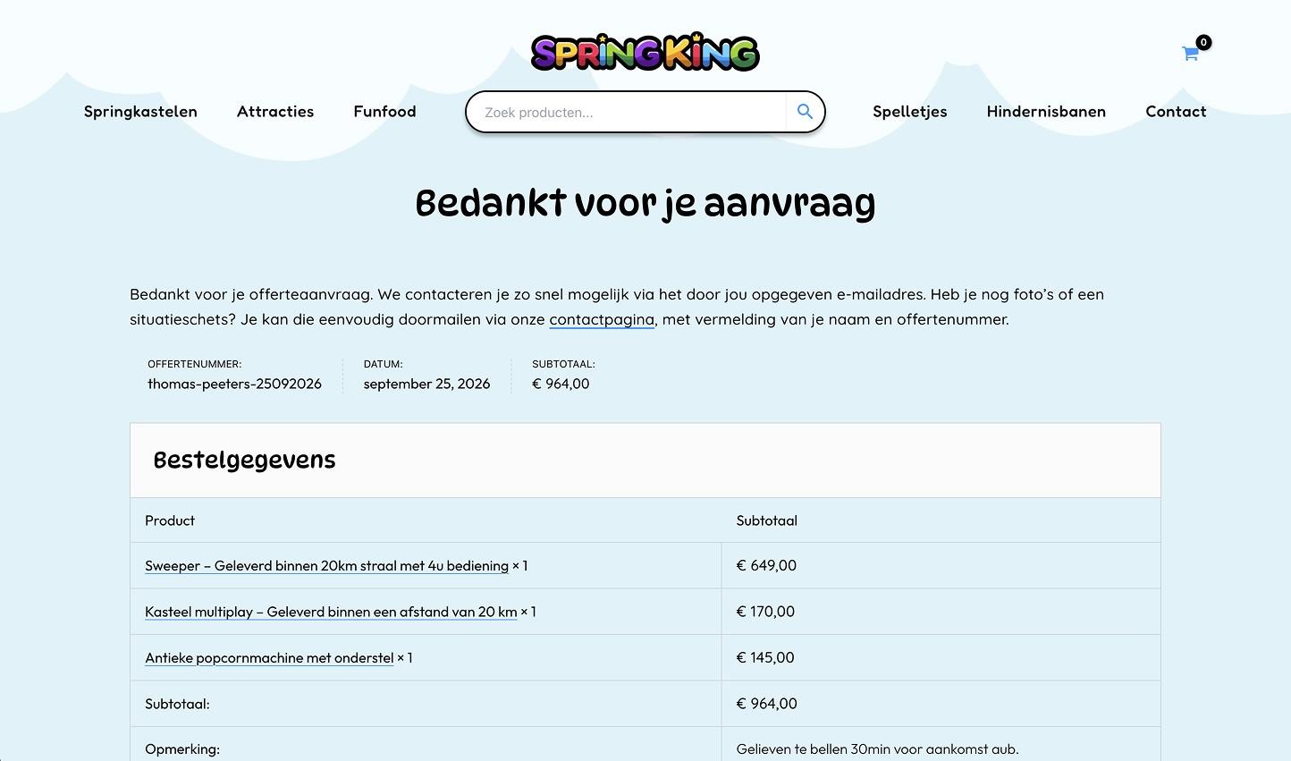 De bevestigingspagina met het offertenummer en een overzicht van de aanvraag