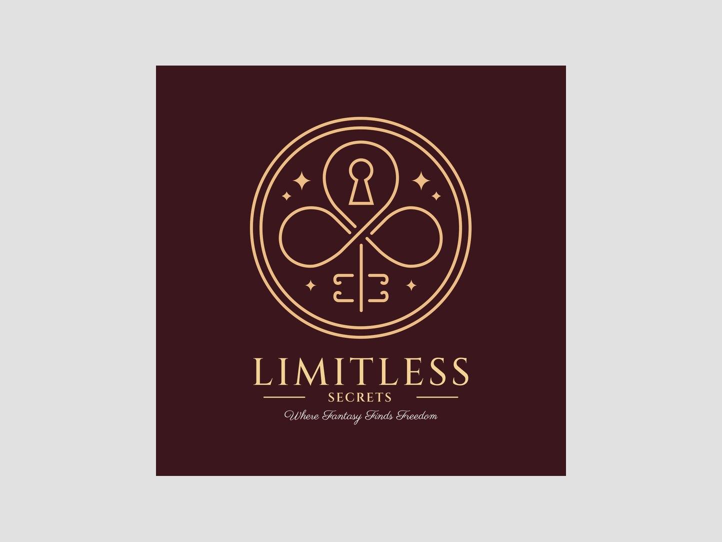 Het definitieve logo van Limitless Secrets in goud op bordeaux