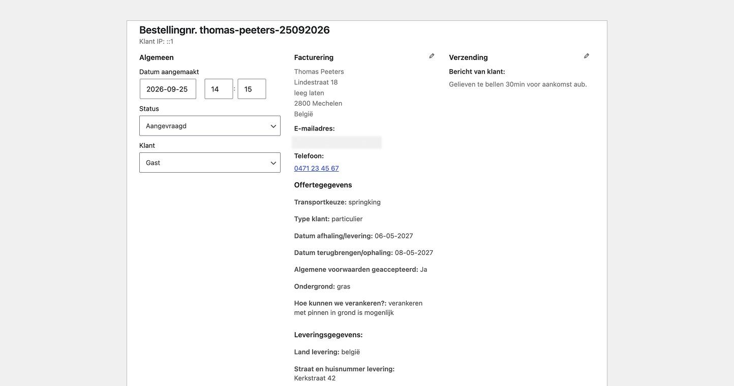 De offerteaanvraag met alle gegevens in de WooCommerce-backend