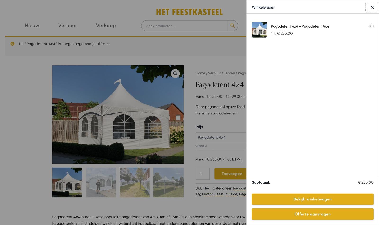 De bevestiging na het toevoegen en het overzicht van de offerte
