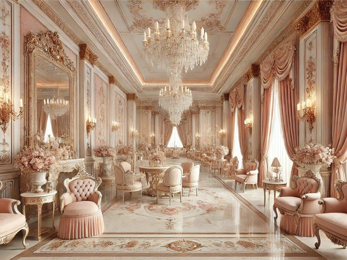 De illustratie van Her Majesty's Hall, een lichtroze salon