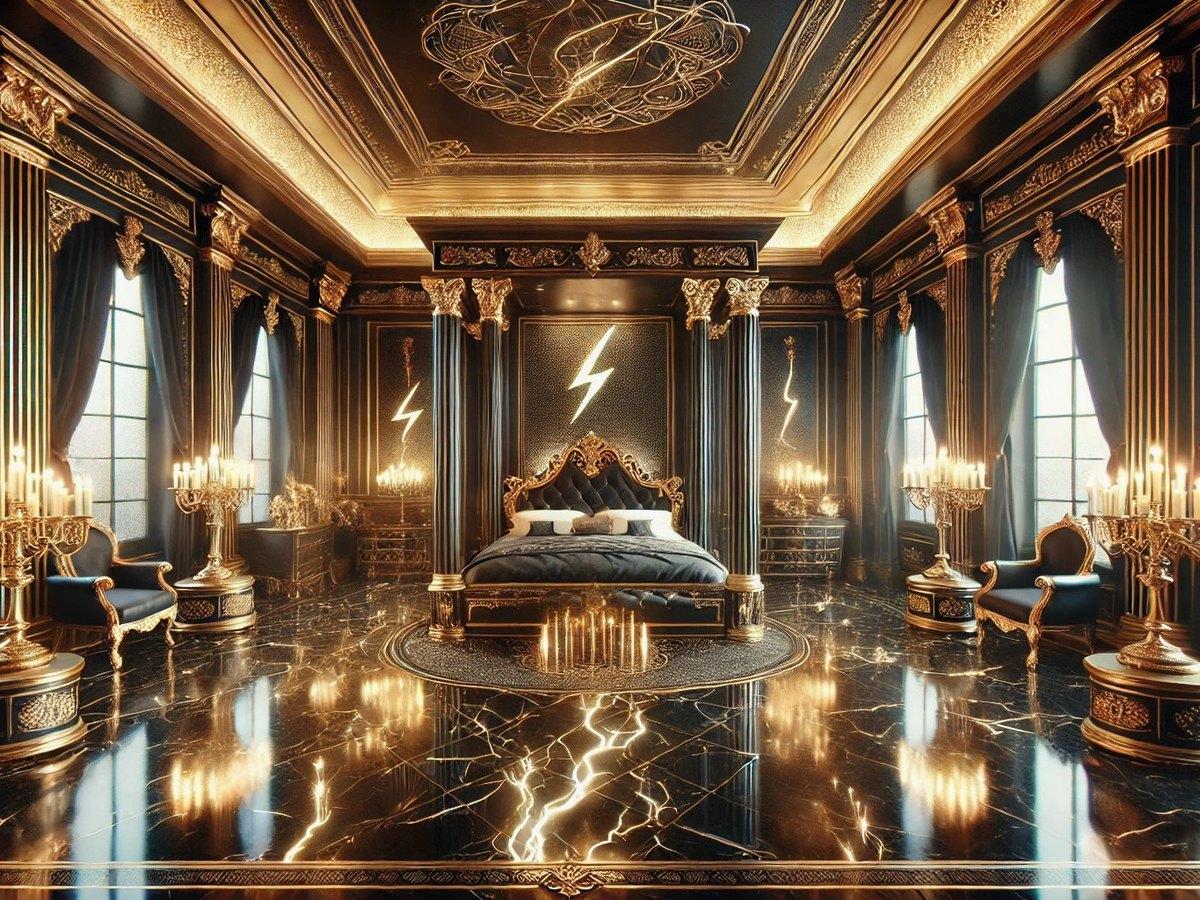 De illustratie van The Sanctuary of Shocks, een zwart-gouden kamer met bliksemmotieven